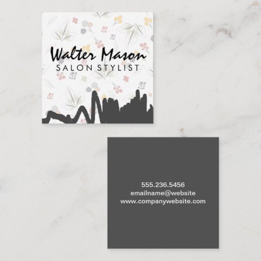 Bloemenachtergrond | grijze krabbel vierkante visitekaartje (Voorkant / Achterkant)