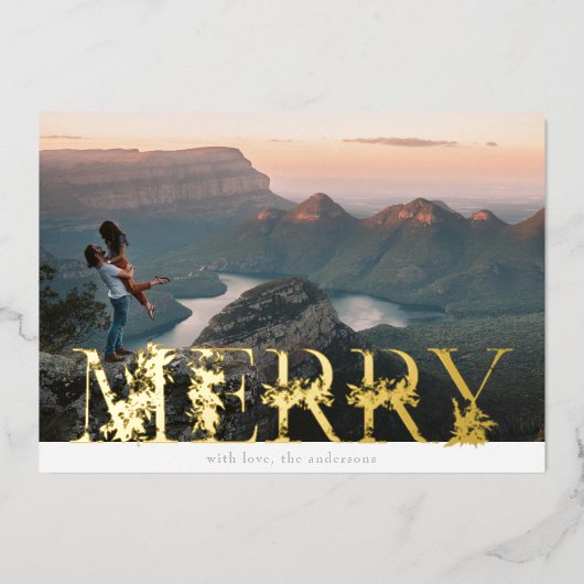  bloemenalfabet MERRY Christmas Photo Gold Folie Feestdagenkaart (Voorkant)