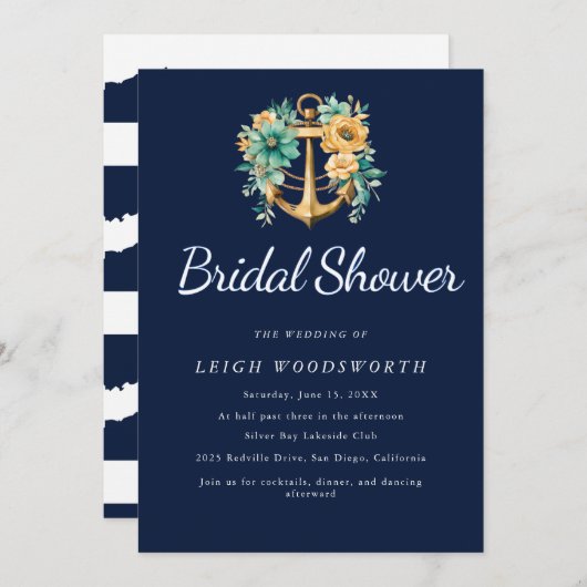 Bloemenanker Navy Summer Bruids Douche Uitnodiging (Voorkant / Achterkant)