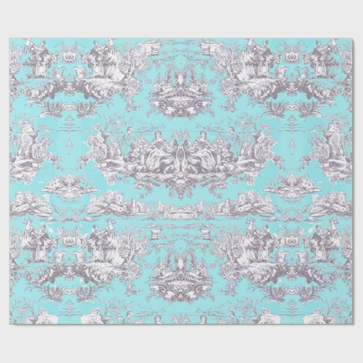  bloemenaqua blauw toile de jouy cadeaupapier (Vlak)