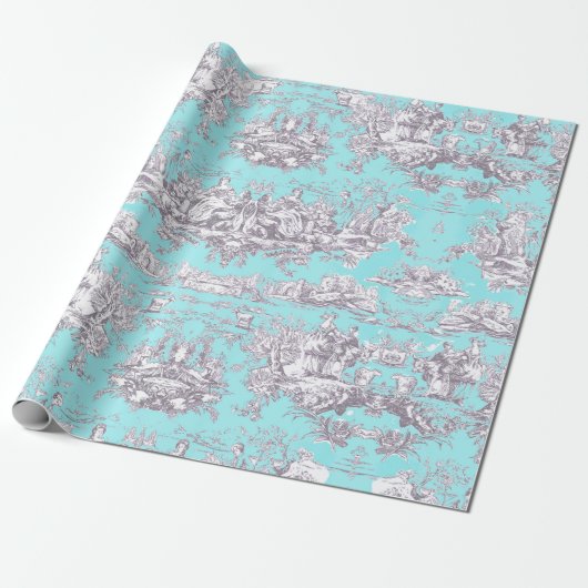  bloemenaqua blauw toile de jouy cadeaupapier (Uitgerold)