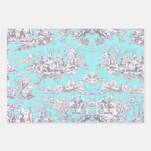  bloemenaqua blauw toile de jouy inpakpapier vel (Voorkant 2)