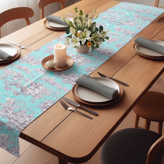 bloemenaqua blauw toile de jouy korte tafelloper