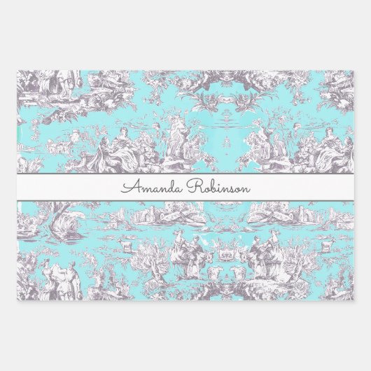  bloemenaqua blue toile de jouy monogram inpakpapier vel (Voorkant 2)