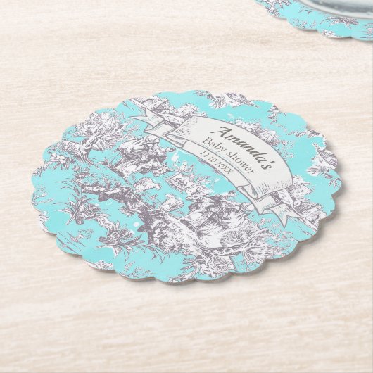 bloemenaqua blue toile de jouy monogram kartonnen onderzetters (Gekanteld)