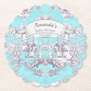 bloemenaqua blue toile de jouy monogram kartonnen onderzetters