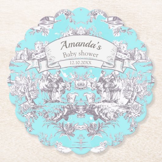 bloemenaqua blue toile de jouy monogram kartonnen onderzetters (Voorkant)