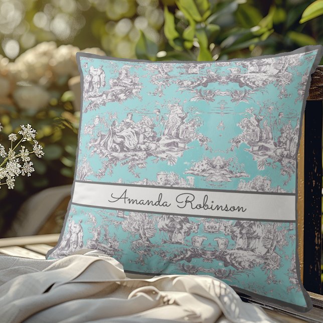  bloemenaqua blue toile de jouy monogram kussen (Creator heeft geüpload)