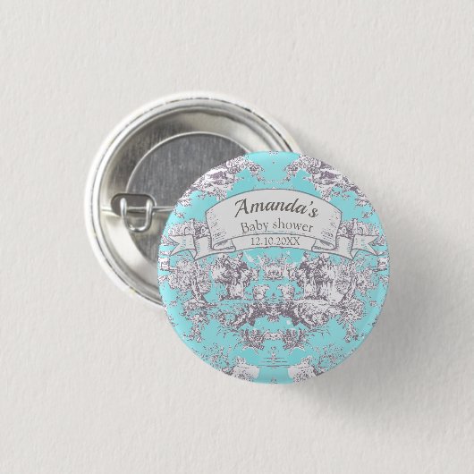  bloemenaqua blue toile de jouy monogram ronde button 3,2 cm (Voorkant /achterkant)