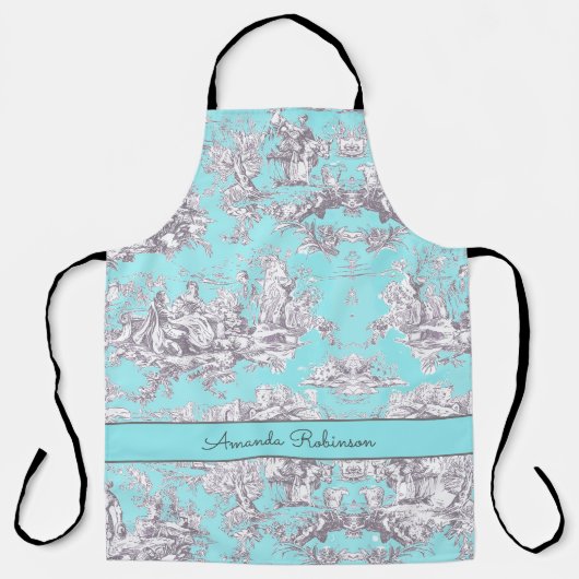  bloemenaqua blue toile de jouy monogram schort (Voorkant)