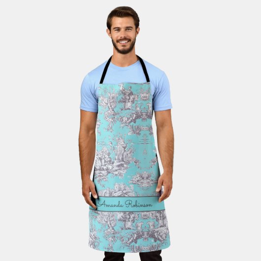  bloemenaqua blue toile de jouy monogram schort (Gedragen)