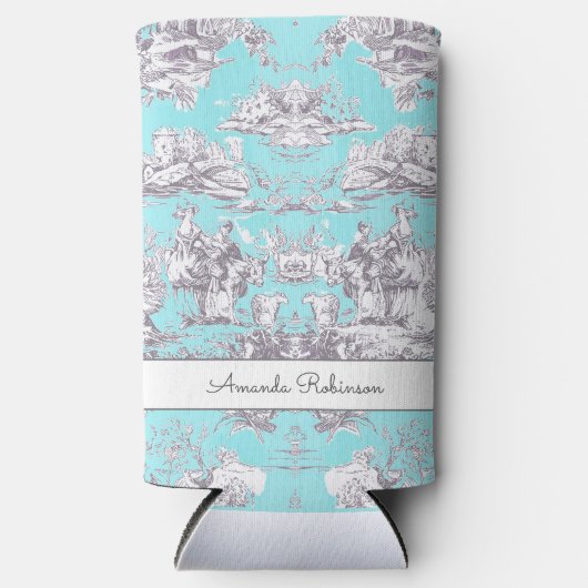 bloemenaqua blue toile de jouy monogram seltzer blikjeskoeler (Voorkant)