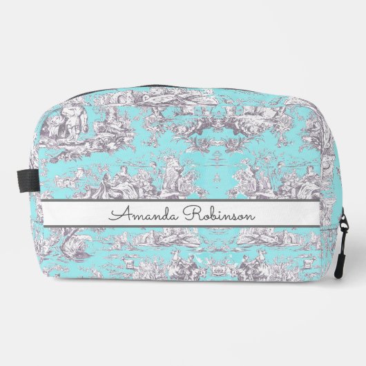 bloemenaqua blue toile de jouy monogram toilettasje (Voorkant)