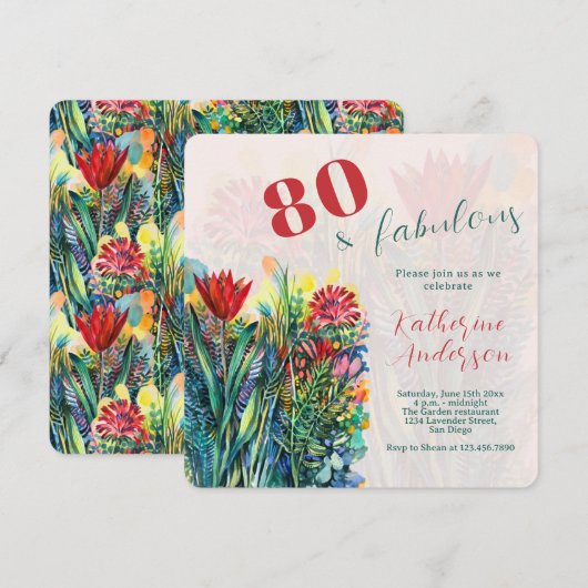 Bloemenaquarel – 80 & Fabulous Verjaardag Kaart (Voorkant / Achterkant)