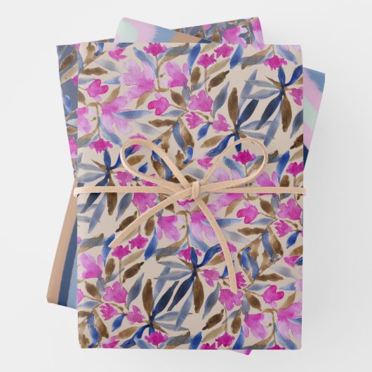 Bloemenaquarel in roze Venetiaans blauw ceder Inpakpapier Vel (In situ)