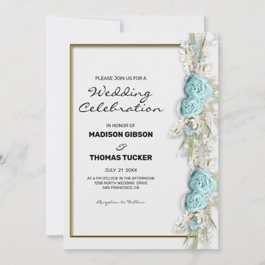 Bloemenarrangement Blauwe Rozen Huwelijksuitnodigi Kaart (Voorkant)