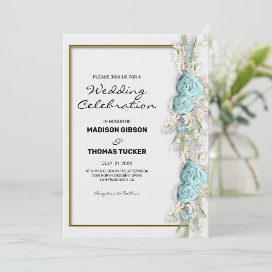 Bloemenarrangement Blauwe Rozen Huwelijksuitnodigi Kaart (Staand voorkant)