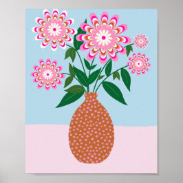 Bloemenarrangement in vaas roze en blauwe bloem poster