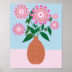 Bloemenarrangement in vaas roze en blauwe bloem poster
