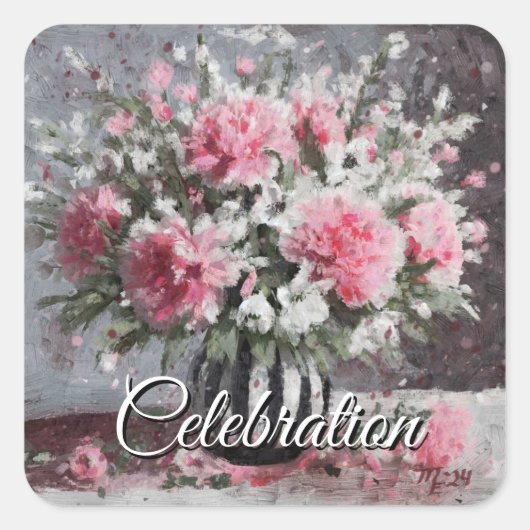 Bloemenarrangement Roze Anjer Bloemen in Vaas Vierkante Sticker (Voorkant)
