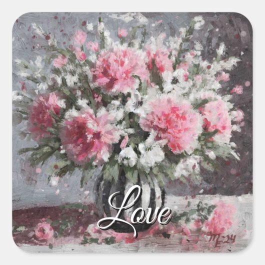 Bloemenarrangement Roze Anjer Bloemen in Vaas Vierkante Sticker (Voorkant)