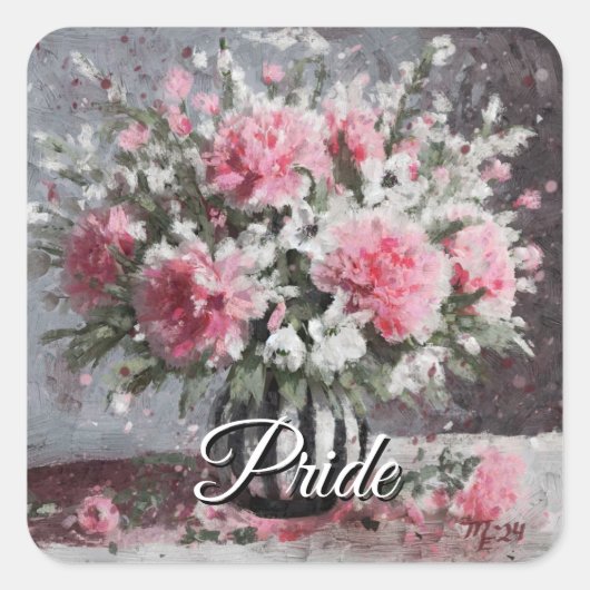 Bloemenarrangement Roze Anjer Bloemen in Vaas Vierkante Sticker (Voorkant)