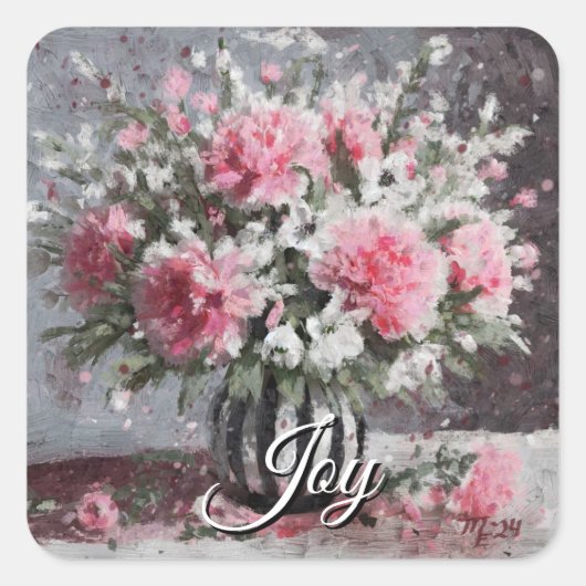 Bloemenarrangement Roze Anjer Bloemen in Vaas Vierkante Sticker (Voorkant)