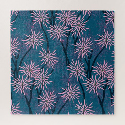 Bloemenbehang: Aziatisch marineblauw, roze. Legpuzzel (Verticaal)