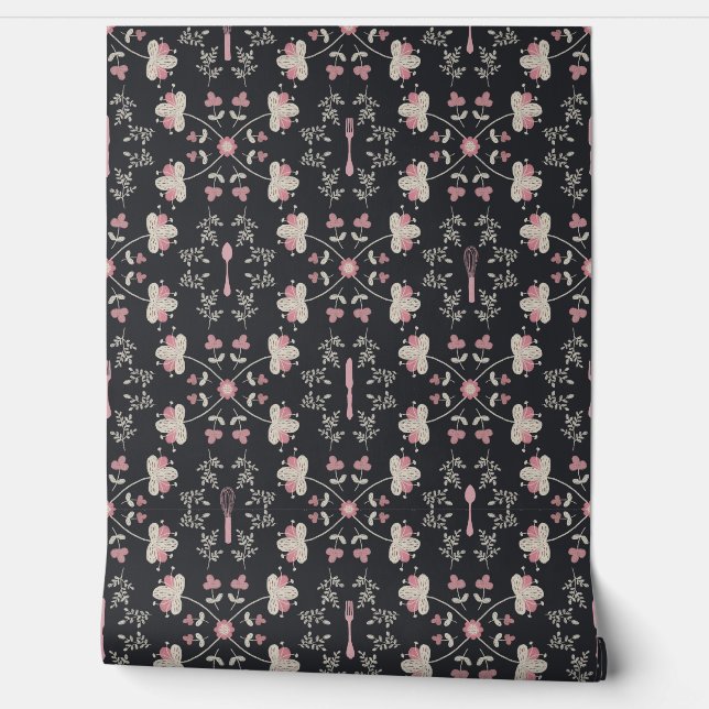 Bloemenbestek Roze Crème Houtskool Lepel Wallpaper Behang (Afrollen)