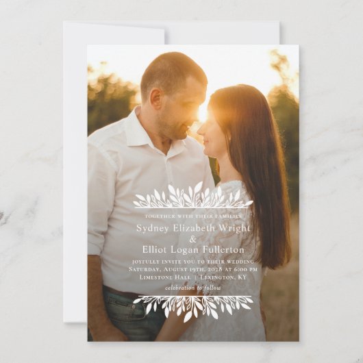 Bloemenbeugels Eenvoudige bruiloft foto uitnodigin Kaart (Voorkant)