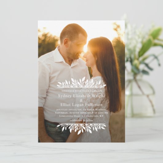 Bloemenbeugels Eenvoudige bruiloft foto uitnodigin Kaart (Staand voorkant)