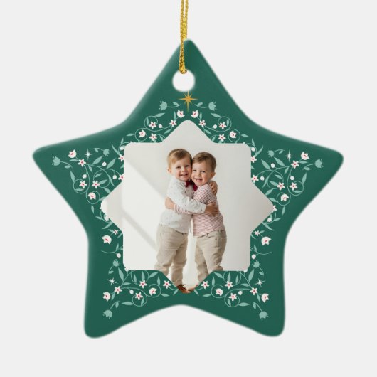 Bloemenblad Elegant Green Star 2 Foto Keepsake Keramisch Ornament (Voorkant)