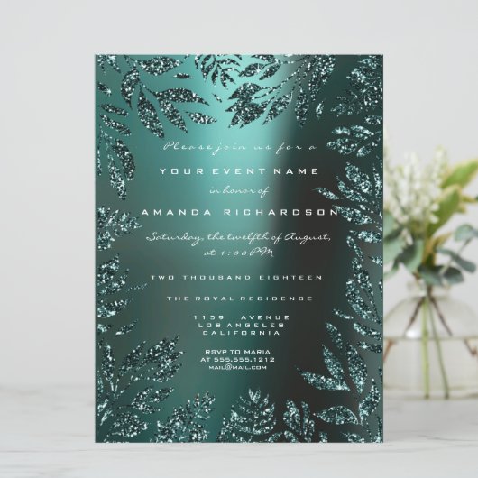 Bloemenbladeren Glitter Blauwgroen Aquatic Formal Kaart (Staand voorkant)