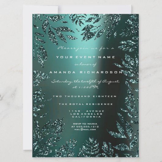 Bloemenbladeren Glitter Blauwgroen Aquatic Formal Kaart (Voorkant)