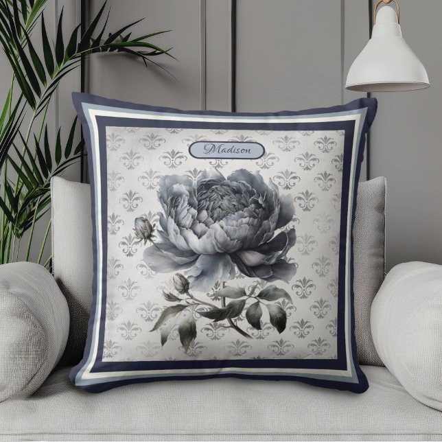  bloemenblauw chinoiserie toile monogram kussen (Creator heeft geüpload)