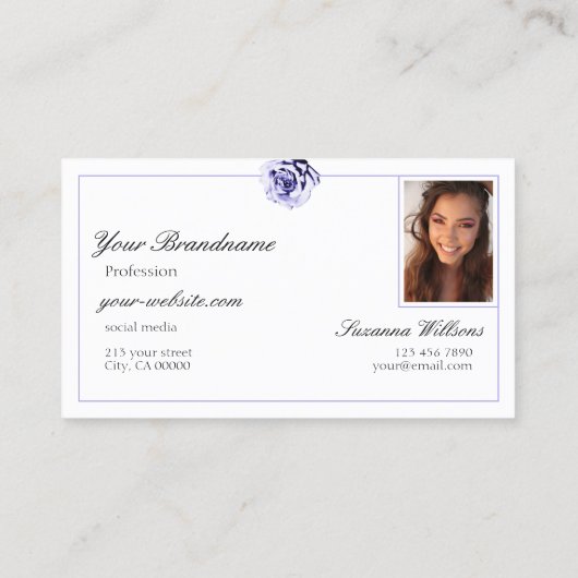Bloemenblauw en wit Schattige Roos Initialen Foto Visitekaartje (Achterkant)