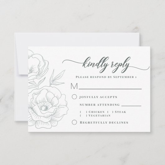  Bloemenblauw Grijs Modern Trouwmaaltijd RSVP Kaartje (Voorkant)