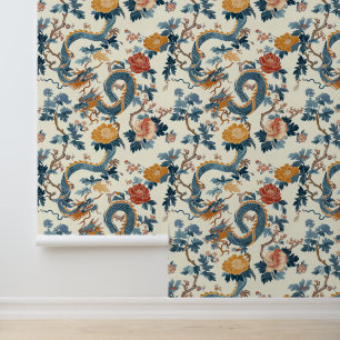 Bloemenblauw Japanse draak Elegant Behang