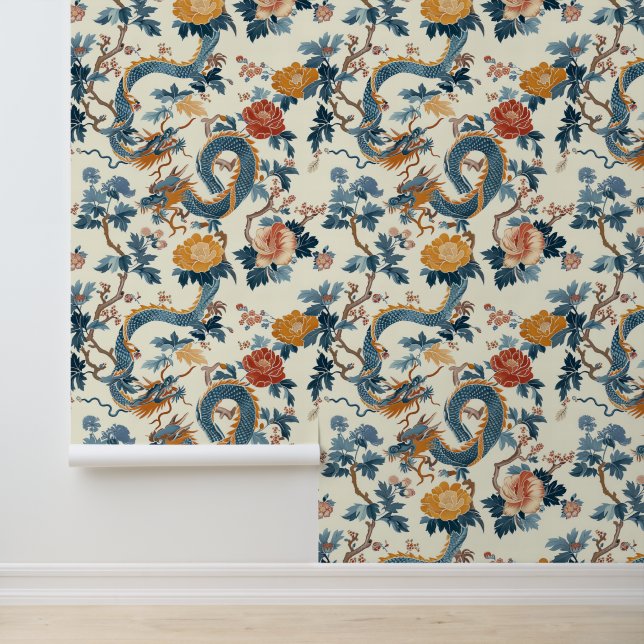 Bloemenblauw Japanse draak Elegant Behang (Applicatie)