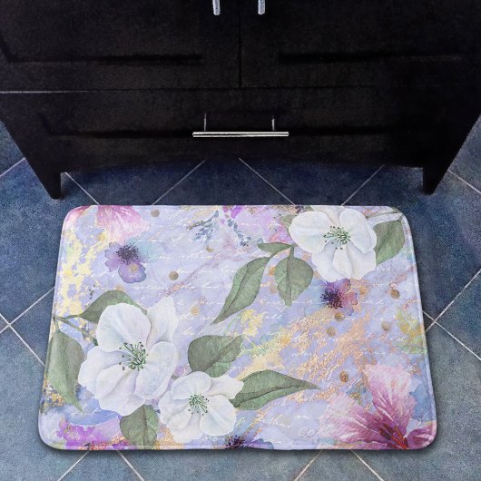 bloemenblauw paarse gouden waterverf script badmat