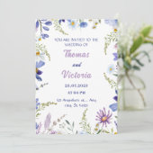 Bloemenblauw, paarse, groene moderne bruiloft kaart (Staand voorkant)