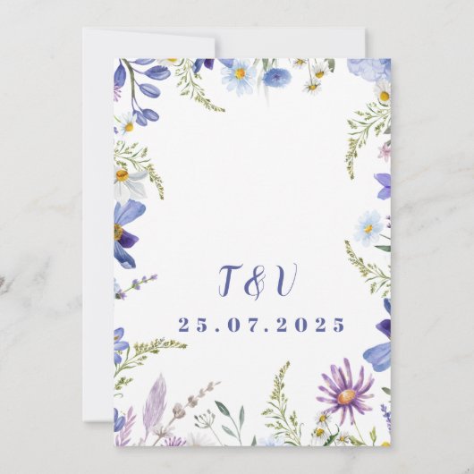 Bloemenblauw, paarse, groene moderne bruiloft kaart (Achterkant)