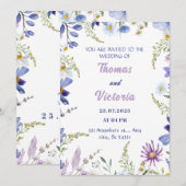 Bloemenblauw, paarse, groene moderne bruiloft kaart (Voorkant / Achterkant)