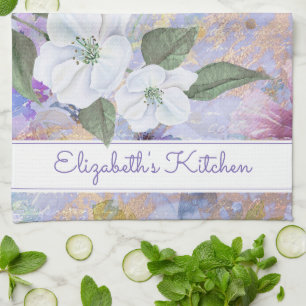 bloemenblauw paarse waterverf aangepaste naam theedoek