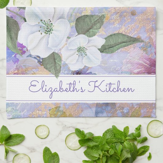  bloemenblauw paarse waterverf aangepaste naam theedoek (Gevouwen)