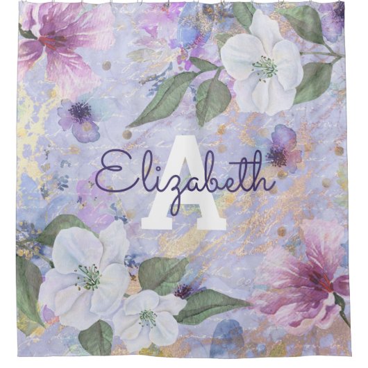  bloemenblauw paarse waterverf monogram douchegordijn (Voorkant)