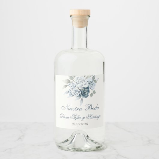 Bloemenblauw Spaans Bruiloft Likeurfles Etiket (Voorkant)