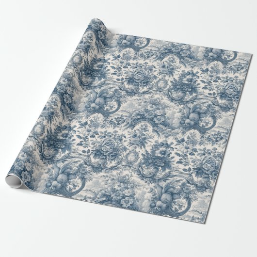  bloemenblauw toile de jouy cadeaupapier (Uitgerold)
