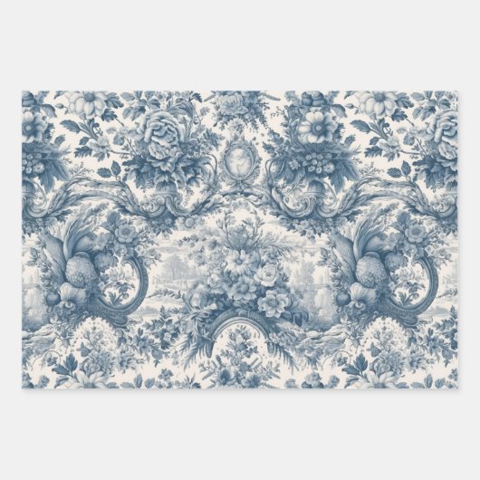  bloemenblauw toile de jouy inpakpapier vel (Voorkant)