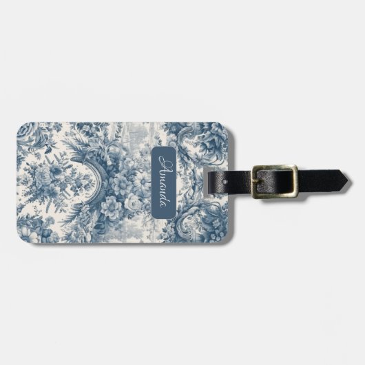 bloemenblauw toile de jouy monogram bagagelabel (Voorkant horizontaal)